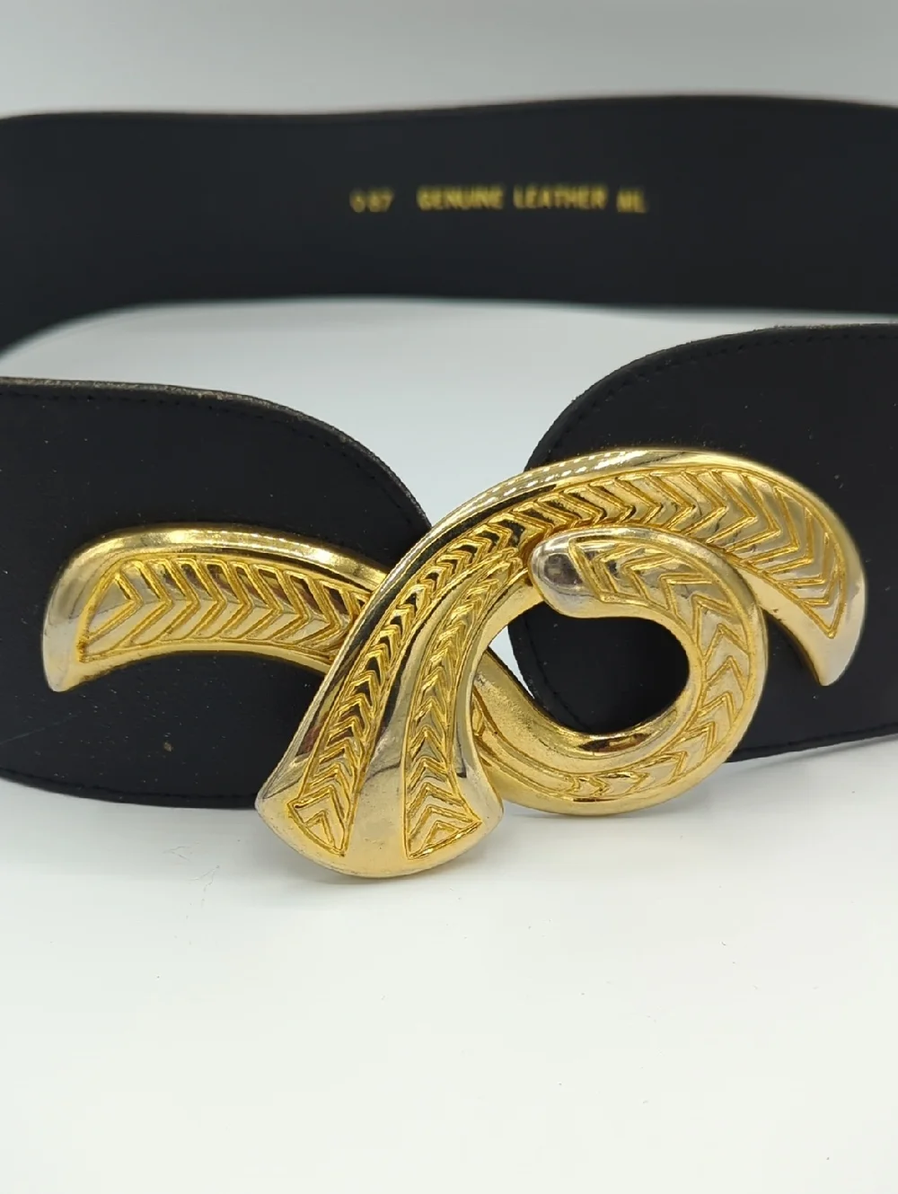 Black Genuine Leather Belt with Gold Decorative Buckle